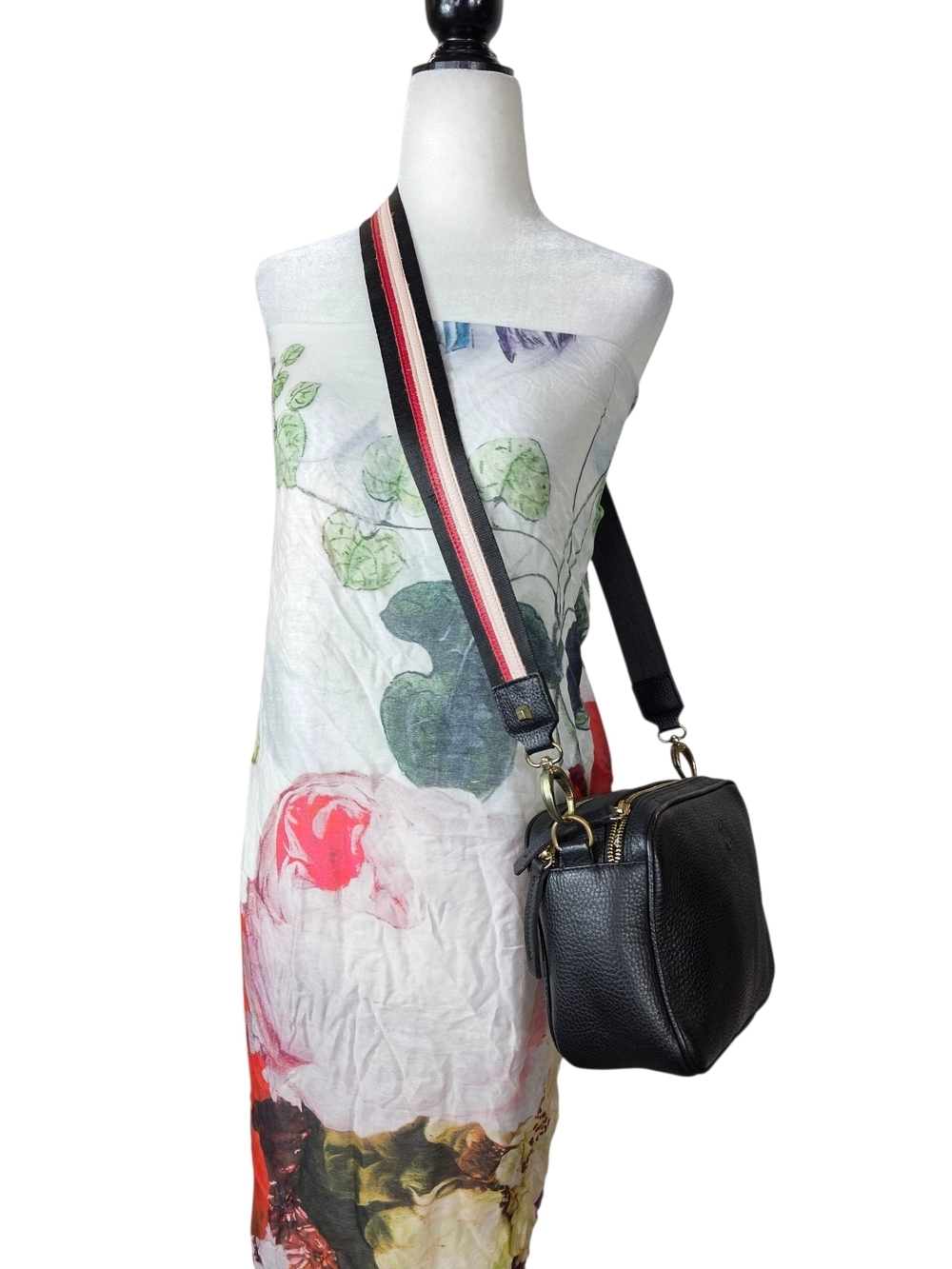 Black Pebbled Leather Crossbody with Striped Adjustable Strap